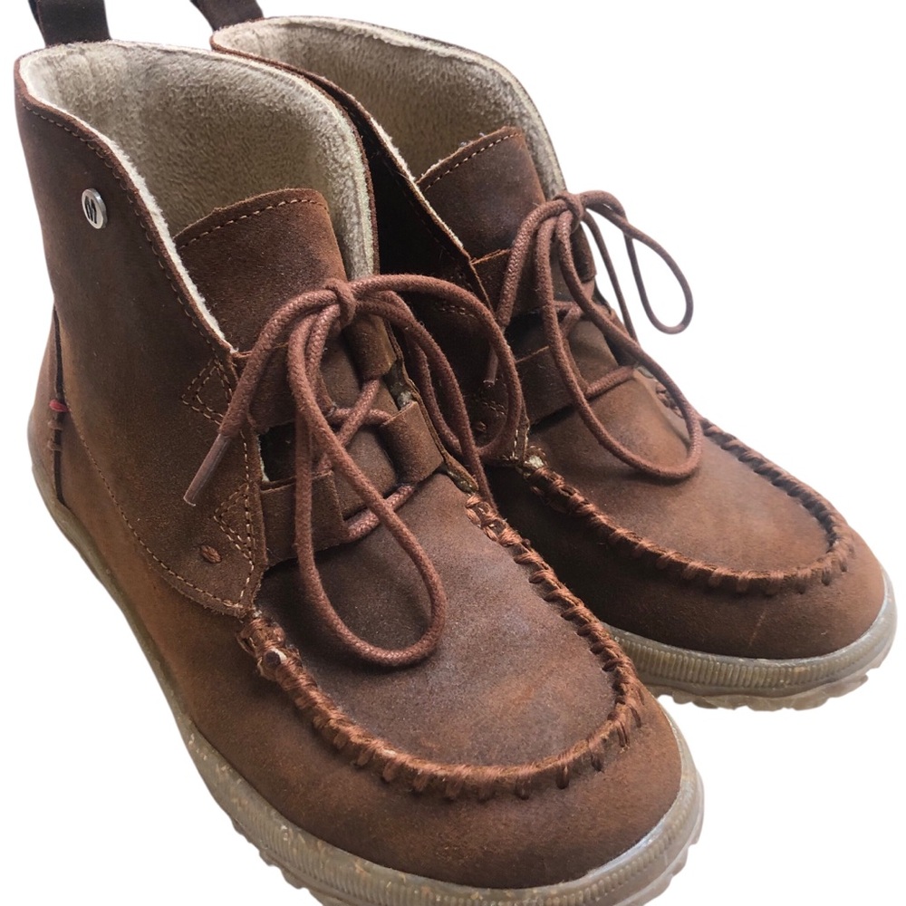 Minnetonka Tealey Brown Suede Lace Up Moc Toe Ankle Boots Womens 8M Fleece Lined